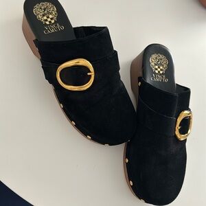 Vince Camuto Black Suede Mules with Gold Buckle